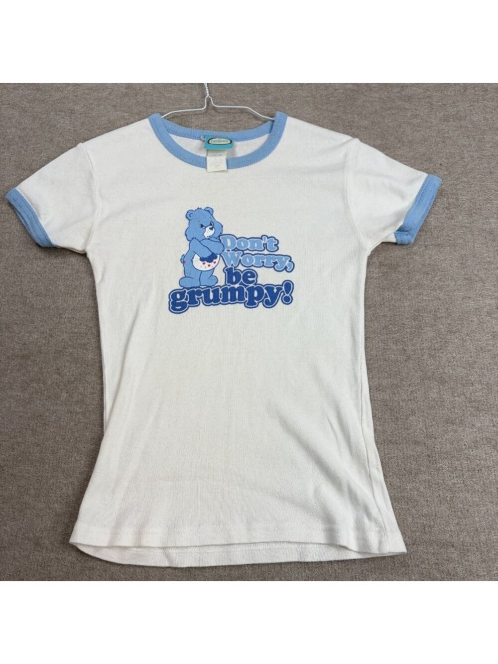Care Bears Women's Shirt XS White Ringer "Don't Worry Be Grumpy" 2005 Y2K